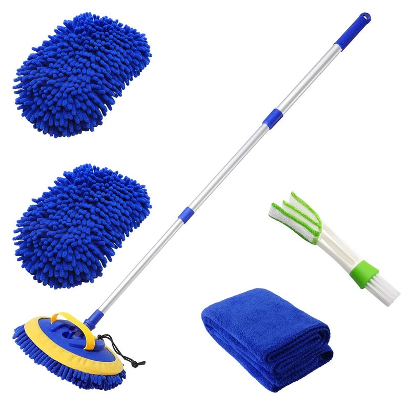LeeLoon 2 in 1 Microfiber Car Wash Mop Mitt with 45" Aluminum Alloy Long Handle,Chenille Car Cleaning Kit Brush Duster with Scratch Free for Washing Car/Truck/RV,2 Mop Head and 1 Towels and Air Vent Duster - Image 1